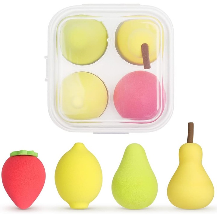 Set 4 bureti machiaj tip fructe, cutie pentru transport si depozitare tip cofrag, pentru aplicarea machiajului tip fondului de ten, utilizare umeda si uscata, Poliuretan, Multicolor