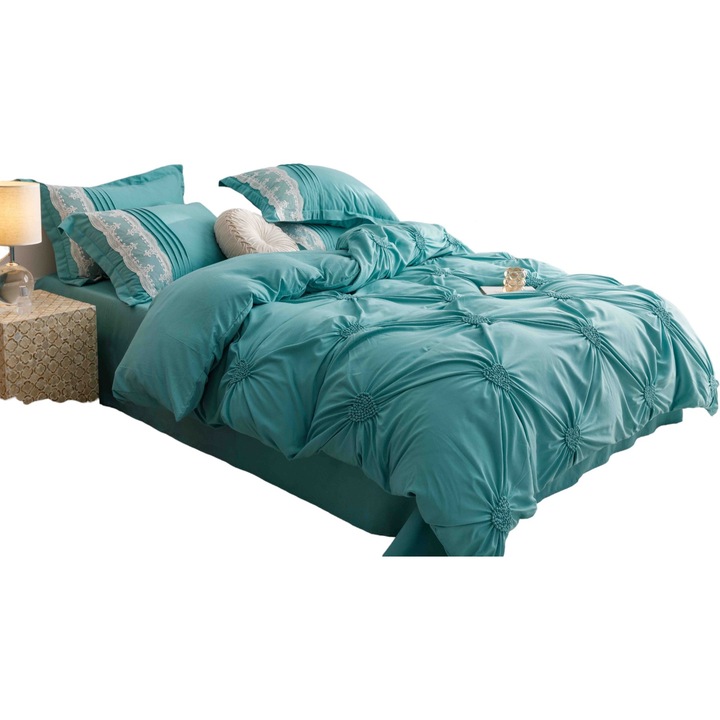 Lenjerie de Pat Dublu, Bumbac Finet, Inimi Brodate, 6 piese Jojo, turcoaz