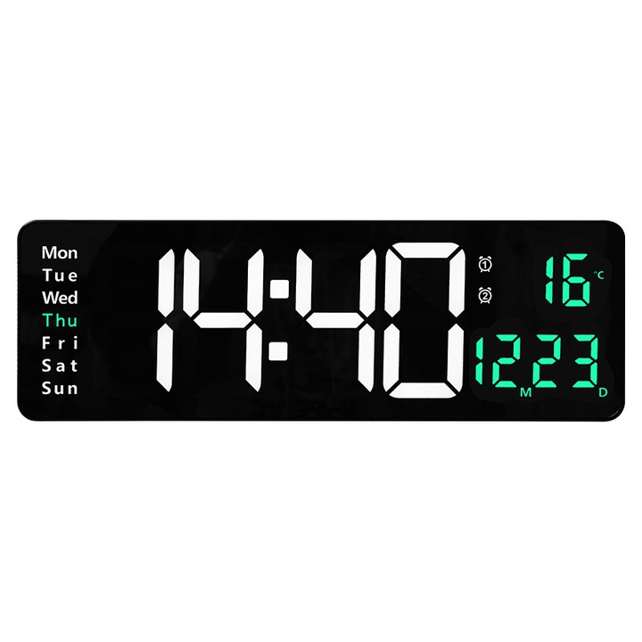 Дигитален стенен часовник, Roleader, LED, Термометър Аларма, 38.7x3.2x13cm, черен