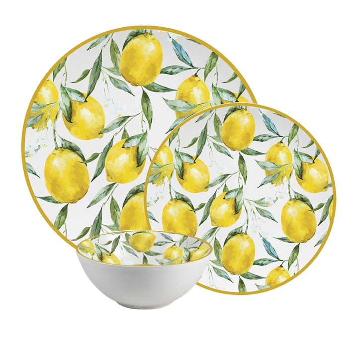 Комплект чинии, Луксозен лимон, 12 части, 4 лица, Италиански дизайн, Бяло с лимон