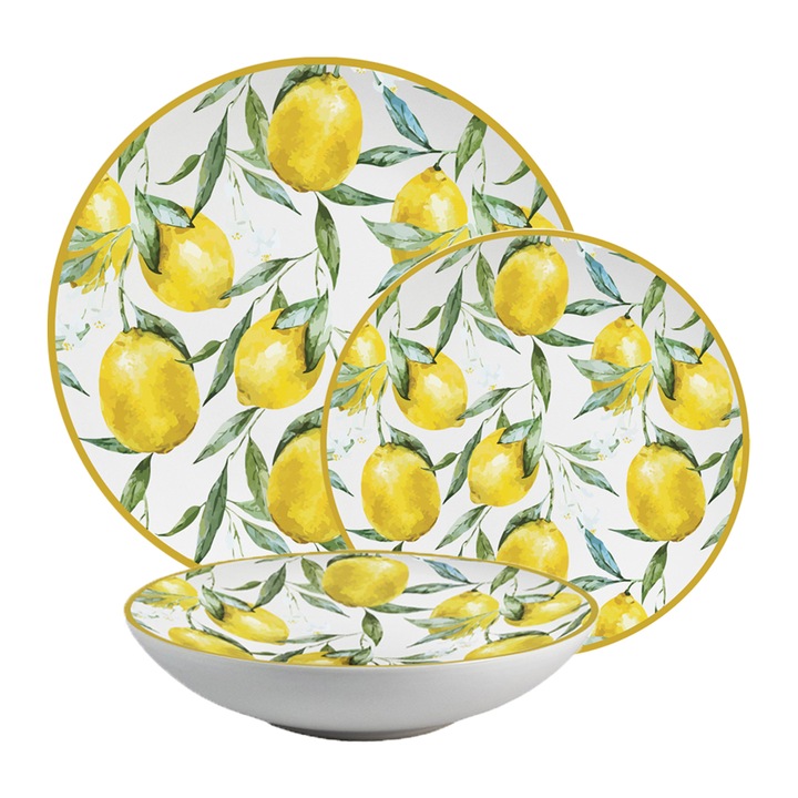 Комплект чинии, Луксозен лимон, 12 части, 4 лица, Италиански дизайн, Бяло, декорирано с лимон
