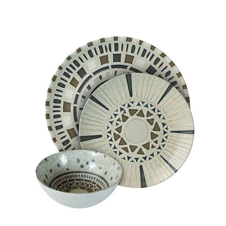 Комплект чинии, Мечта, 18 части, 6 човека, Италиански дизайн, Бял декориран с кафяво и сиво