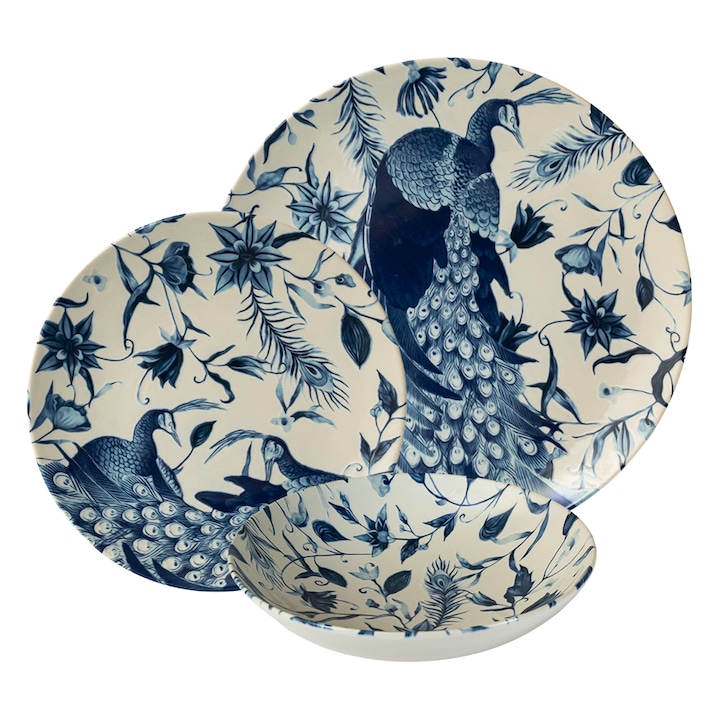 Комплект чинии, Елегантен паун, 12 части, 4 лица, италиански дизайн, бял декориран с паун