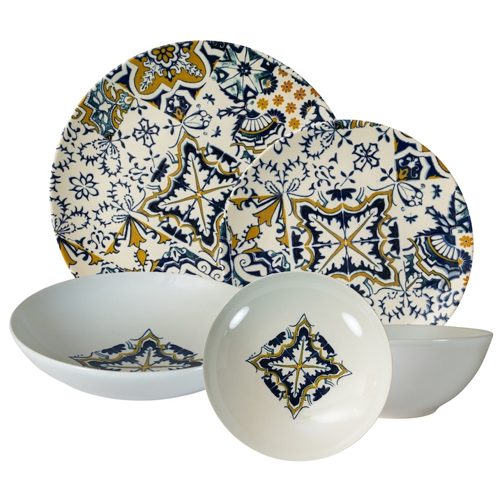 Комплект чинии, Луксозна мозайка, 24 части, 6 лица, Италиански дизайн, Бяла декорация със синьо