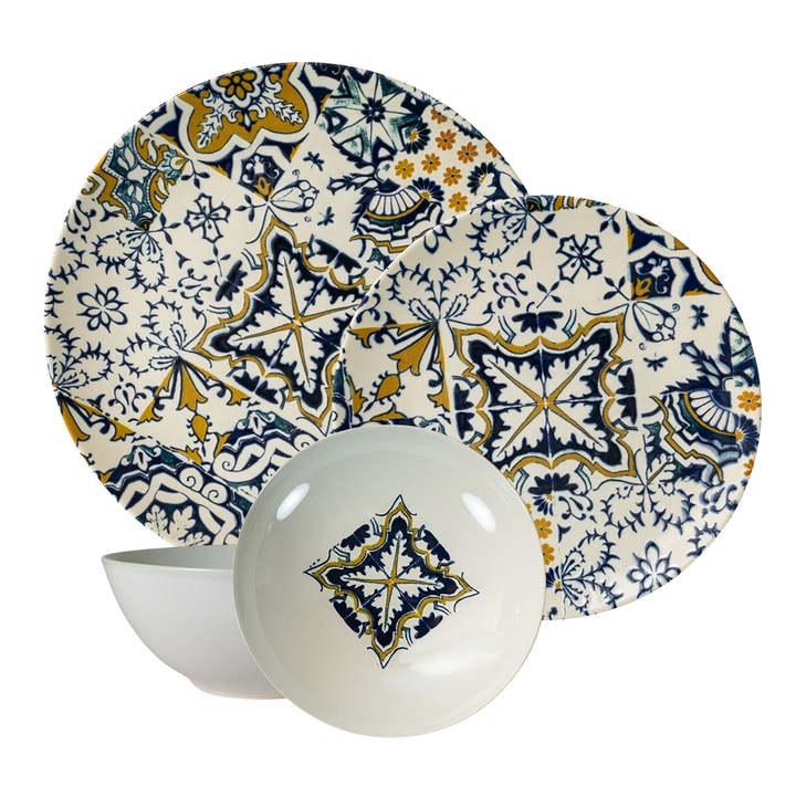 Комплект чинии, Луксозна мозайка, 12 части, 4 лица, Италиански дизайн, Бяло, декорирано със синьо и жълто