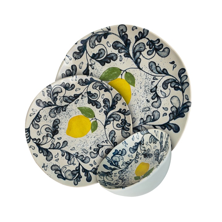 Комплект чинии, Елегантен лимон, 12 части, 4 лица, италиански дизайн, бял декориран с жълти лимони