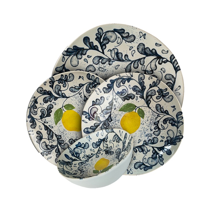 Комплект чинии, Елегантен лимон, 16 части, 4 лица, италиански дизайн, бяло, декорирано с лимон