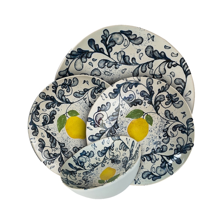 Комплект чинии, Елегантен лимон, 24 части, 6 лица, италиански дизайн, бяло, декорирано с лимон