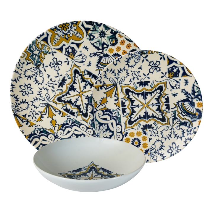 Комплект чинии, Луксозна мозайка, 12 части, 4 лица, Италиански дизайн, Бяла декорация със синьо