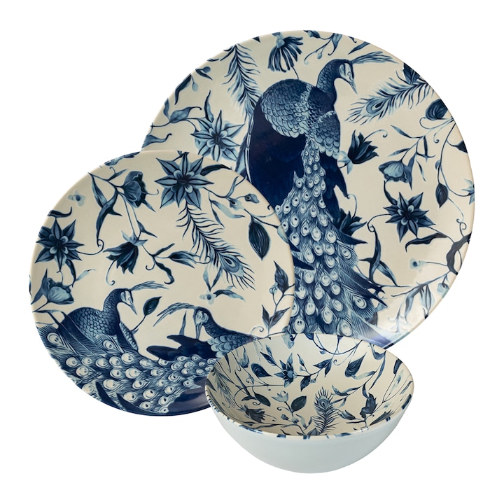 Комплект чинии, Елегантен паун, 18 части, 6 лица, италиански дизайн, бял декориран със син паун