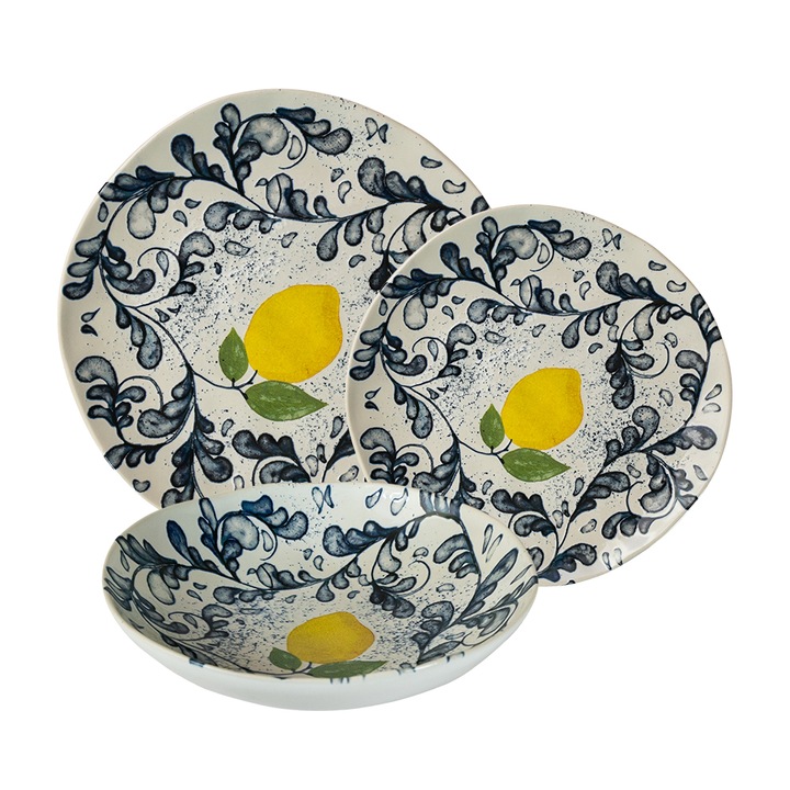 Комплект чинии, Елегантен лимон, 12 части, 4 лица, италиански дизайн, бяло, декорирано с лимон