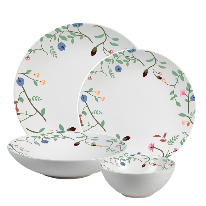 Комплект чинии, Елегантни цветя, 16 части, 4 души, Италиански дизайн, Бяло с лента за цветя