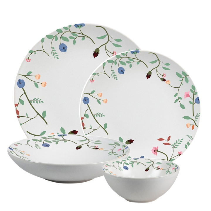 Комплект чинии, Елегантни цветя, 24 части, 6 лица, Италиански дизайн, Бяло с лента за цветя
