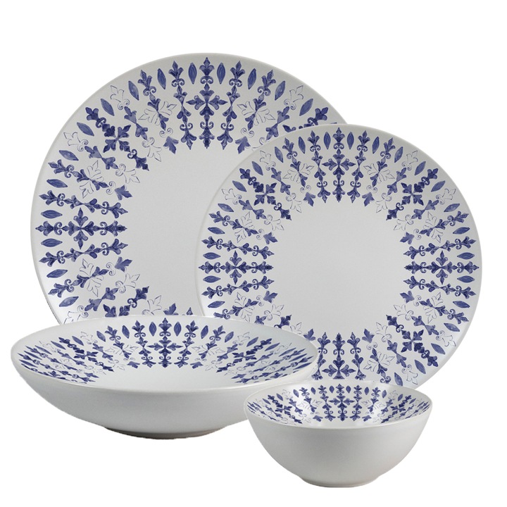 Комплект чинии, Elegant Blue, 16 части, 4 лица, италиански дизайн, бяло със синя декорация