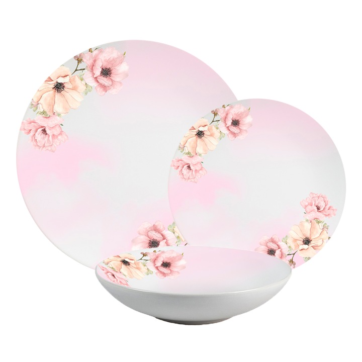 Комплект чинии, Розови цветя, 12 части, 4 лица, Италиански дизайн, Бяло с декорация от розови цветя
