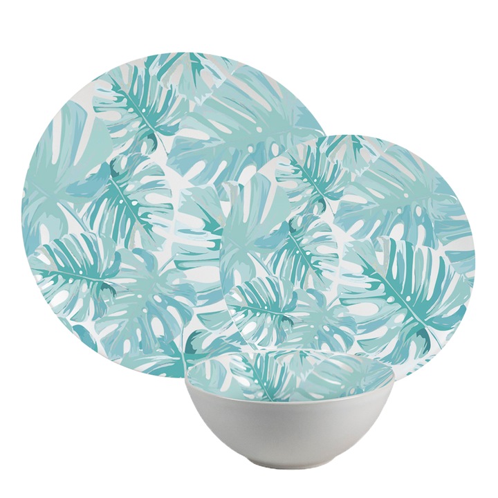 Комплект чинии, тюркоазени листа, 18 части, 6 души, италиански дизайн, декорация от листа