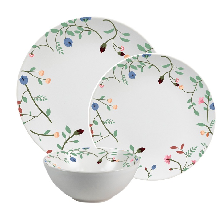 Комплект чинии, Елегантни цветя, 12 части, 4 души, Италиански дизайн, Лента с цветя