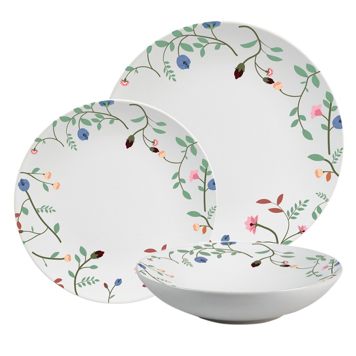 Комплект чинии, Елегантни цветя, 12 части, 4 лица, Италиански дизайн, Бяло с лента за цветя
