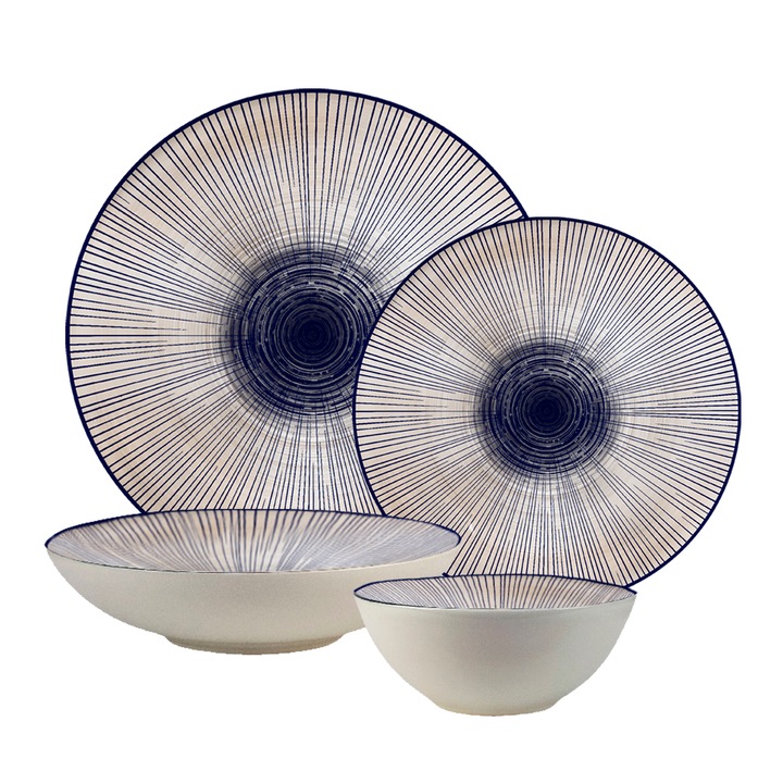 Комплект чинии, Blue Elegance, 20 части, 5 лица, италиански дизайн, бяло, декорирано с лъчи