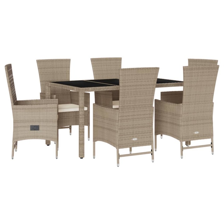 Set de masa pentru gradina vidaXL, 7 piese, cu perne, bej, poliratan, 36.1 kg
