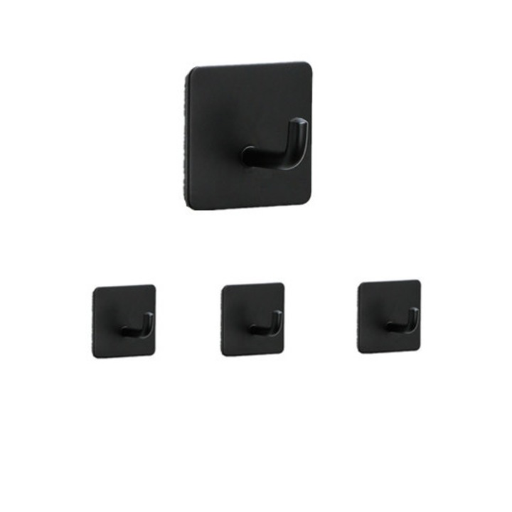Set 4 carlige pentru prosoape, Inox, Adezive, Negru