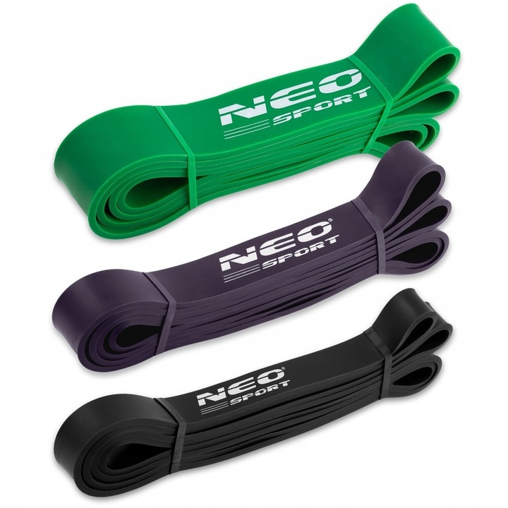 Set 3 Benzi elastice de rezistenta, pentru exercitii fitness, Neo-Sport, NS-960, antrenament in sala de gimnastica, gimnastica de recuperare, Negru/Mov/Verde