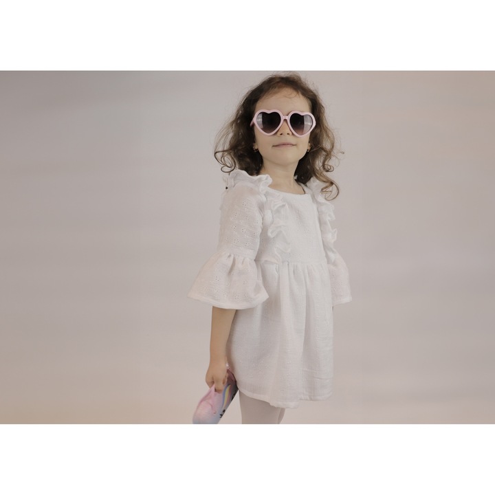 Rochita alba pentru fetite, "White Muslin", realizata manual, muselina pufoasa, 104-110 cm, 4 ani