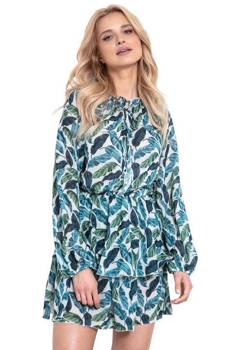 Rochie Fobya Exotic F1021, model cu frunze exotice, volane, Poliester, Verde L