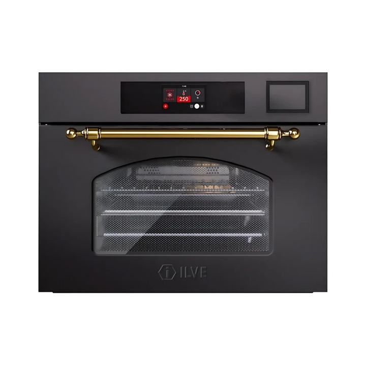 Cuptor electric 3in1 incorporabil premium ILVE, Nostalgie, Ultracombi, 36 litri, clasa A+, 60 cm, curatare aburi, 5 programe prestabilite, 4 functii Combi microunde/aburi/grill/convectie, ventilatie tangentiala dubla, convectie comutabila, gri mat/auriu