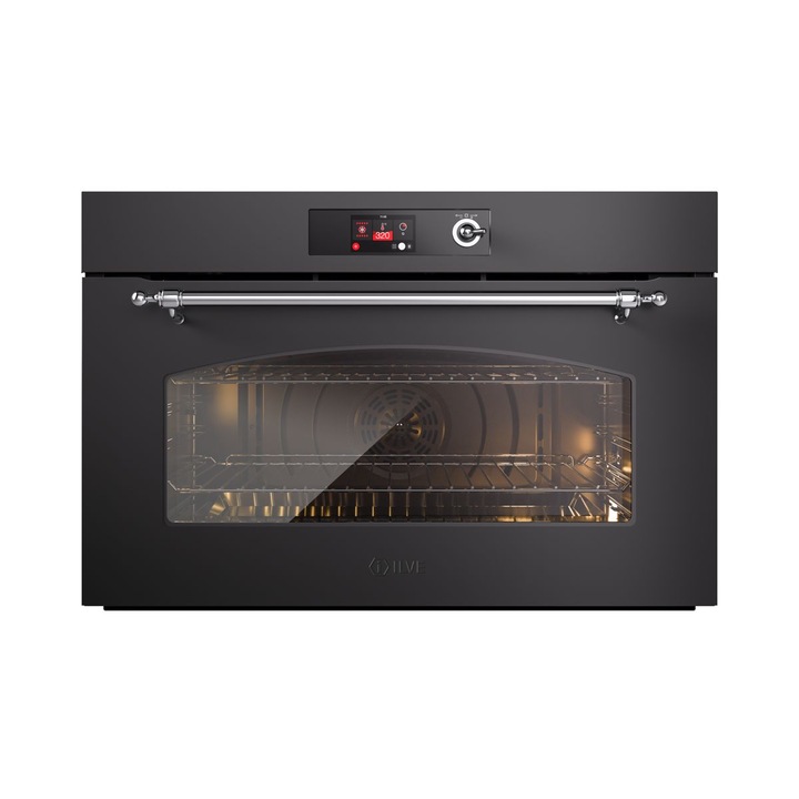 Cuptor electric incorporabil premium ILVE, Nostalgie, 110 litri, clasa A, 90 cm, autocuratare hidrolitica, 11 programe prestabilite, functie pizza, mod Eco, ventilatie tangentiala, convectie comutabila, umiditate reglabila, termosonda, gri mat/argintiu