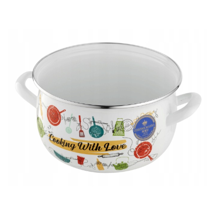 Oala cu capac din sticla, otel carbon, emailata, alba, 22cm, 5.3l, Julia, Florina