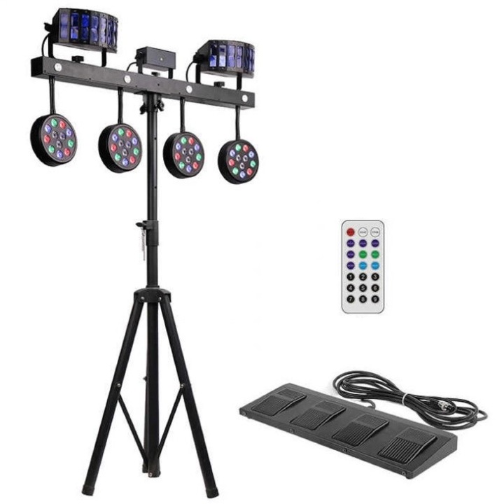 Set efecte lumini profesionale DMX 4 in 1, 2 x Derby, Stroboscop, Laser, 4 x PAR, DMX XLR, 126 W, cu Stativ, Dittom™