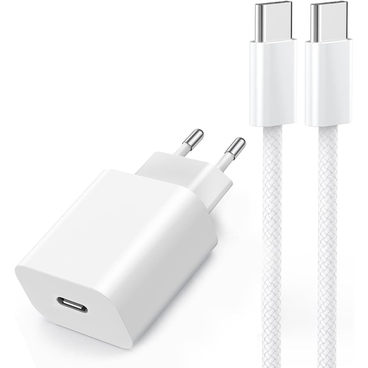 Зарядно устройство Fast Charge 35W, Съвместимо с Apple iPhone 15, 15 Pro, 15 Pro Max, Type-C към Type-C, Компактен дизайн, Travel, SONORH®, Бял