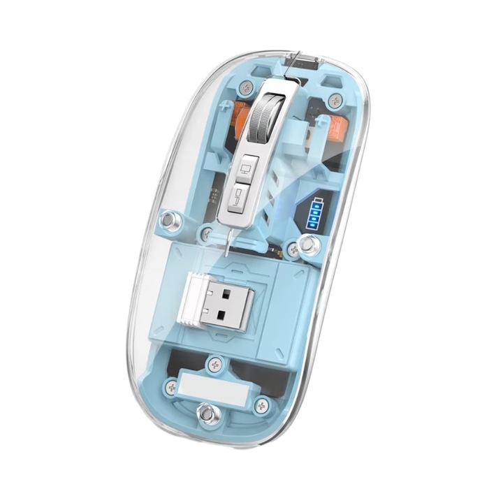 Безжична мишка, 3 режима на свързване, 2400 DPI, Напълно прозрачна, Безшумна, Видимо ниво на батерията, С USB приемник, RGB подсветка, Връщане към работния плот с едно щракване, 11,3 × 2,5 × 5,7 cm, Sundiguer, ABS, Син