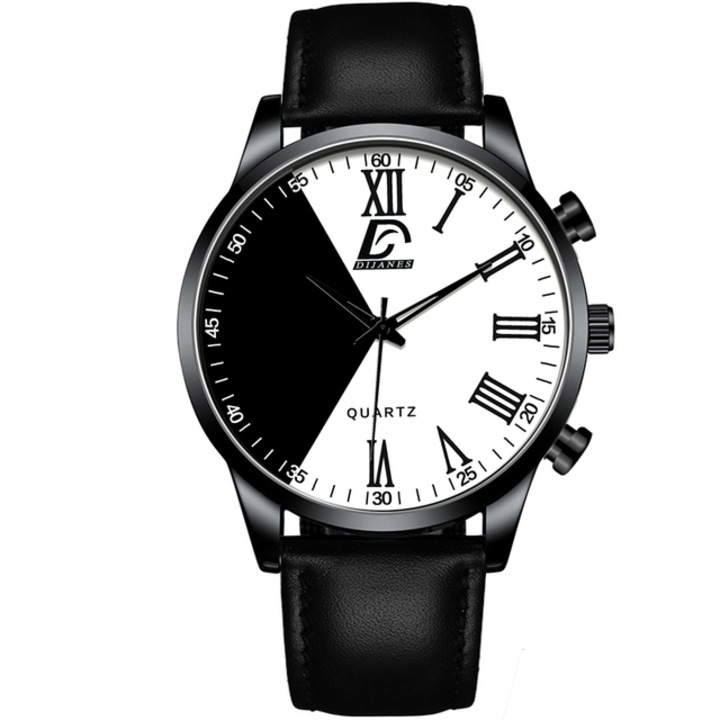 Ceas Ultra subtire, Eclipse Leather Look, Barbati, Cronograf, Metalic, Negru-Alb