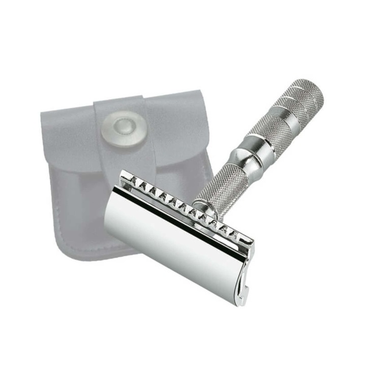 Aparat de ras clasic pliabil, Merkur Solingen, 933CL, Etui inclus, 7.2 cm, Argintiu/Gri