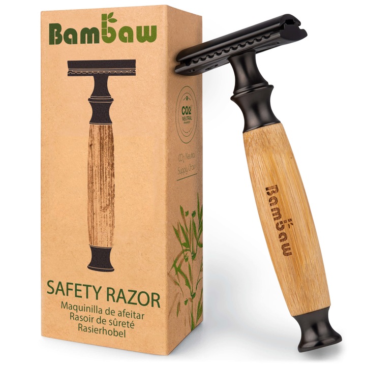 Aparat de ras, Bambaw, Metal/Bambus, Reutilizabil, Maro/Negru