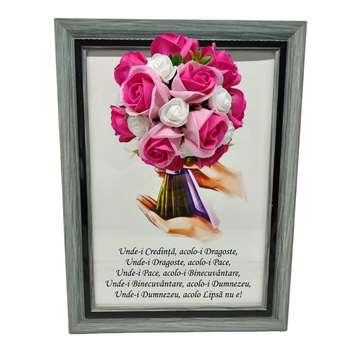 Tablou in rama A4 (30x21 cm) - Binecuvantarea Casei - v10 decorat cu flori de sapun roz inchis - roz