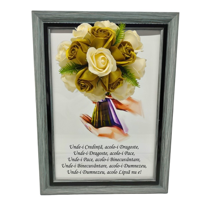 Tablou in rama A4 (30x21 cm) - Binecuvantarea Casei - v10 decorat cu flori de sapun galben - auriu
