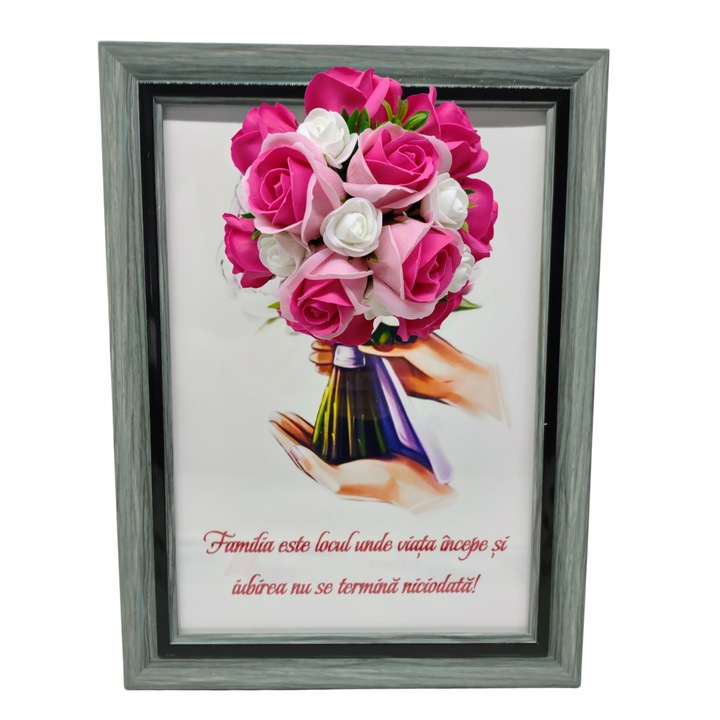 Tablou in rama A4 (30x21 cm) - Familia este locul unde viata incepe si iubirea nu se termina niciodata - v10 decorat cu flori de sapun roz - roz inchis