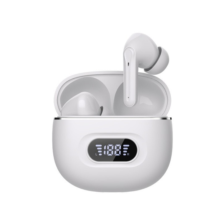 Vezeték nélküli fülhallgató, Bluetooth 5.3, LED kijelző, fehér