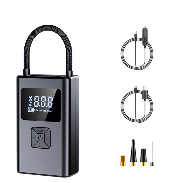 Автомобилен компресор, BOMSTOM, Преносим, LED дисплей, Черен