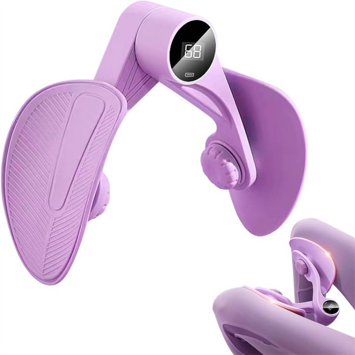 Dispozitiv Hip Trainer, BOMSTOM, Antrenament pentru podeaua pelvina, solduri, picioare, coapse, fese, maini si spate, postpartum, cu afisaj digital, violet