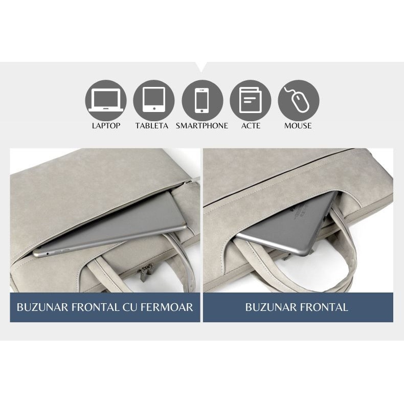 Geanta Laptop, HITTERGEM® Dama Slim Eleganta din Piele Ecologica Impermeabila, Geanta Laptop 15.6 Inch Rezistenta la Taieturi, Geanta Laptop cu 4 Compartimente pentru Birou si Uz Zilnic, Design Modern 40x30x3 cm, Gri Inchis