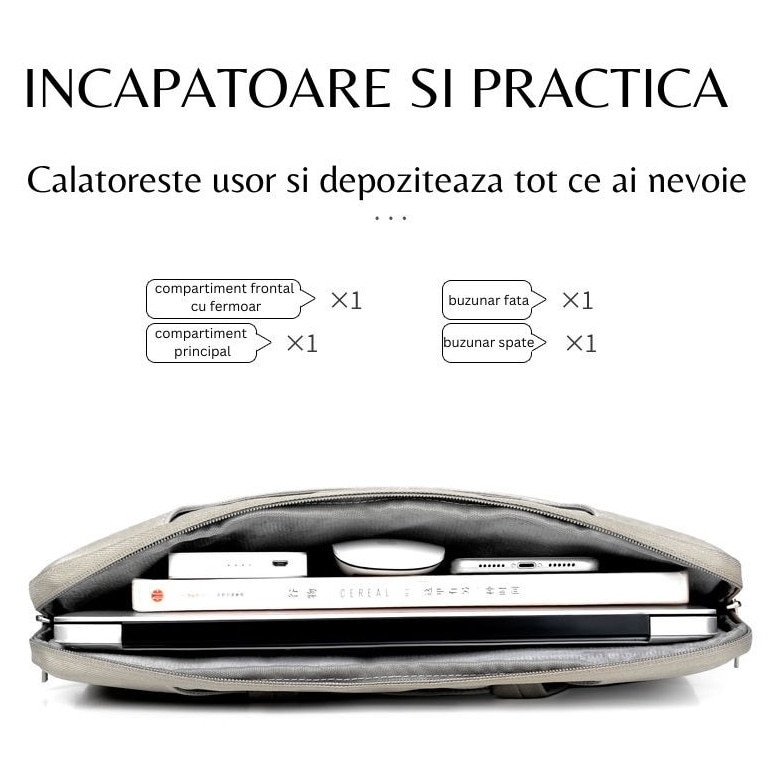 Geanta Laptop, HITTERGEM® Dama Slim Eleganta din Piele Ecologica Impermeabila, Geanta Laptop 15.6 Inch Rezistenta la Taieturi, Geanta Laptop cu 4 Compartimente pentru Birou si Uz Zilnic, Design Modern 40x30x3 cm, Gri Inchis