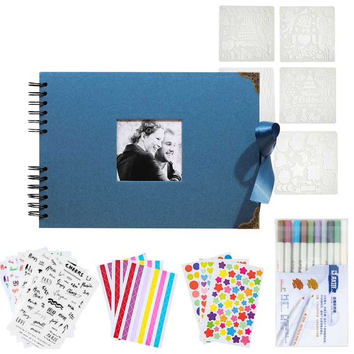 Set album foto creativ, Carton/Metal, Carte memorie DIY, 29.8×20×210cm, Albastru