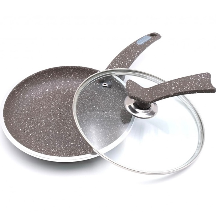 Тиган за пържене X Cook Line с капак, мраморно покритие, незалепващо покритие, силиконова дръжка и ергономична силиконова дръжка за капак, универсален, 26 см x 5 см дълбочина, сив