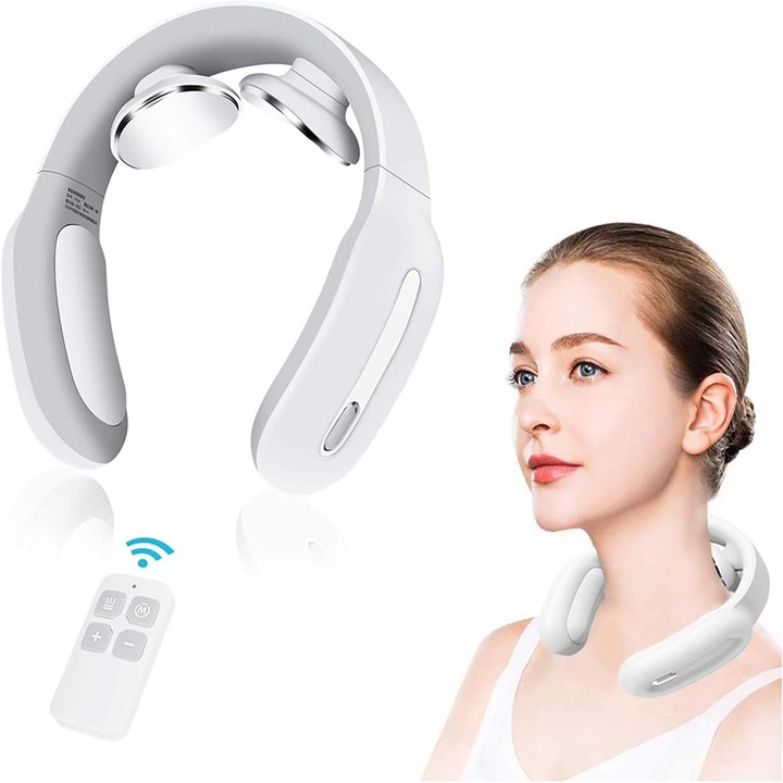 Aparat masaj cervical cu impulsuri electromagnetice, cu incalzire, portabil, 3 moduri de masaj, 15 nivele de intensitate, USB, telecomanda, alb