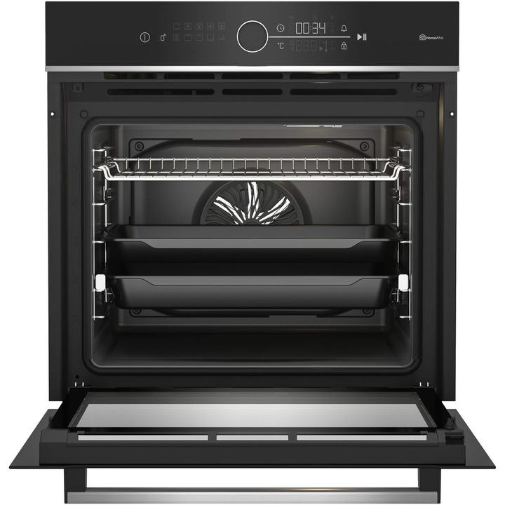 Фурна за вграждане Beko BBIM13400XMPSEW, Електрическа, 72 л, Пиролитично самопочистване, Homewhiz WiFi, AEROperfect, SteamShine Cleaning, Врата SoftClose, Грил, 3D Cooking, RecycledNet, Клас A+, Черен/Неръждаема стомана