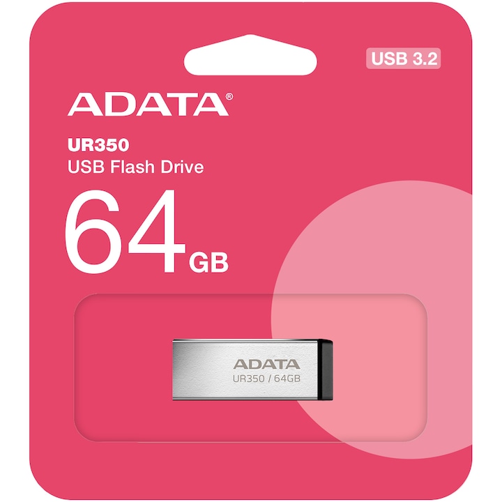 Memorie USB ADATA UR350 metalic, 64GB, USB 3.2, argintiu/negru